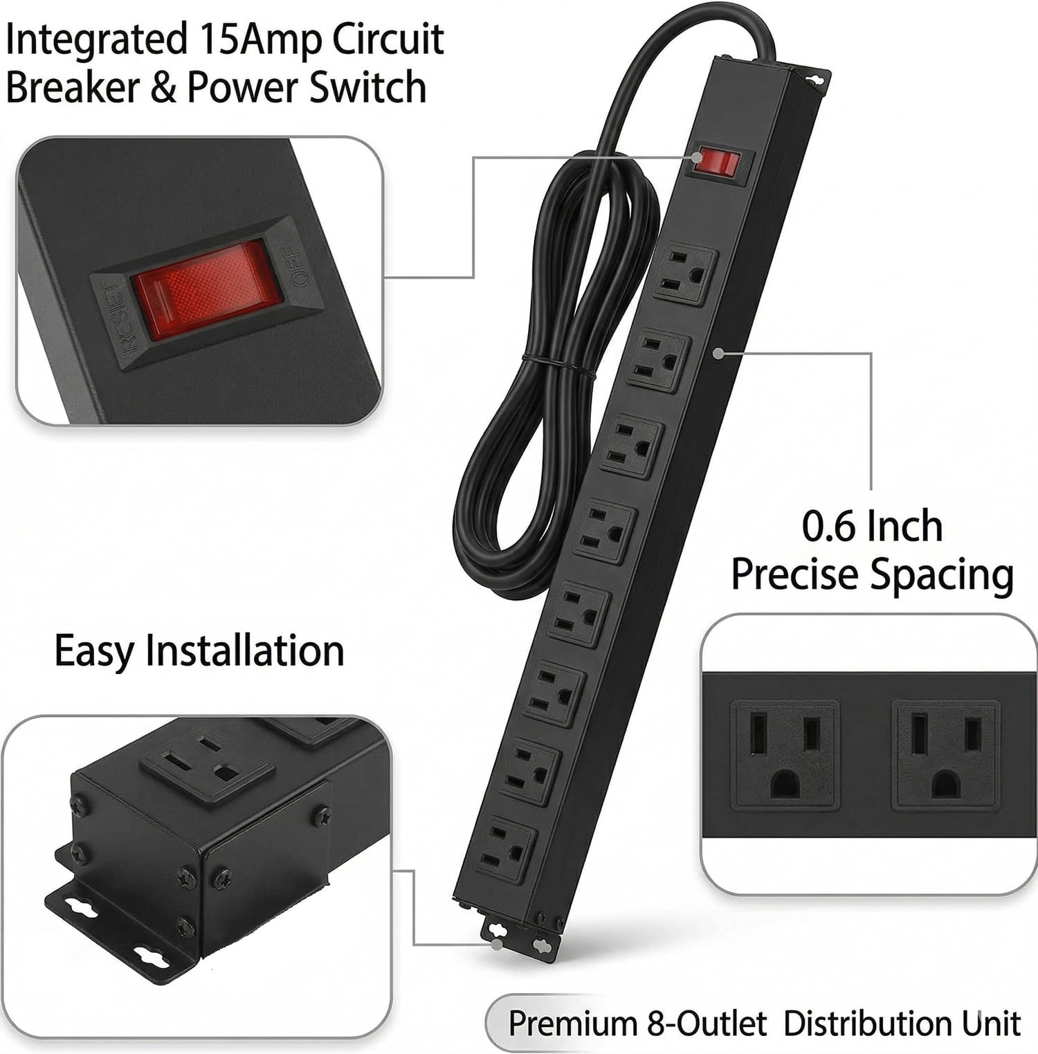Metal 8 Outlet Mountable Power Strip with Surge Protector, Wall Mount Heavy Duty Wide Spaced Outlets with Switch, 15A 125V 1875W, 6 FT 14AWG Cord, Black