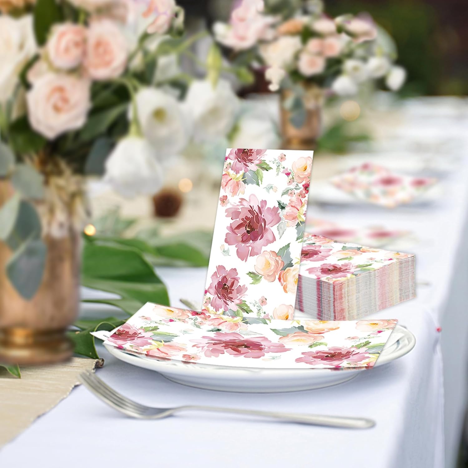 50 PCS Floral Paper Napkins Watercolor Flower Guest Napkins 3-Ply Disposable Dinner Napkins Decorative Paper Hand Towels for Wedding Bridal Baby Shower Tea Party Birthday, 4.3 x 7.9 Inch