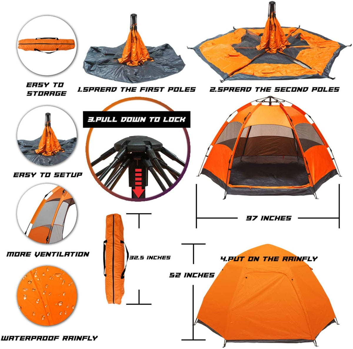 Glarewheel  4-Person Pop Up Tent, Orange