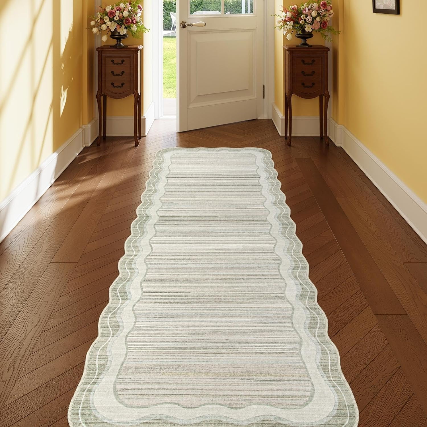 Wonnitar 2'x6' Scalloped Runner Rug for Hallway, Washable Striped Kitchen Rug Non Slip, Soft Low Pile Wavy Edge Beige Accent Rug for Entryway, Bathroom, Bedroom, Laundry Room