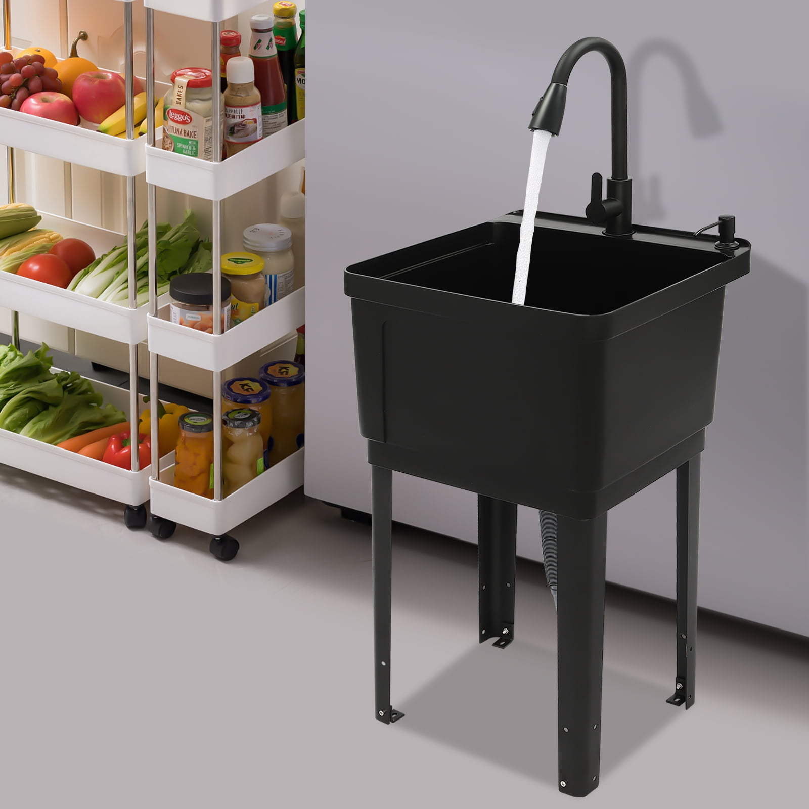 Freestanding Laundry Sink 15.85 Gal Capacity 19.3x16x11.8 Inch PP Utility Sink with Pull-Down Faucet