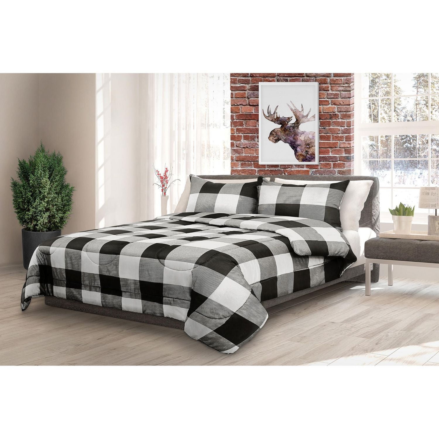 Safdie & Co. Comforter Set 3PC Buffalo Plaid Lux White/Black