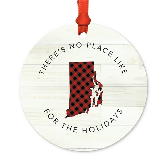 US State Round Metal Christmas Ornament, Red Plaid on Light Rustic Wood, Rhode Island, Includes Ribbon and Gift Bag