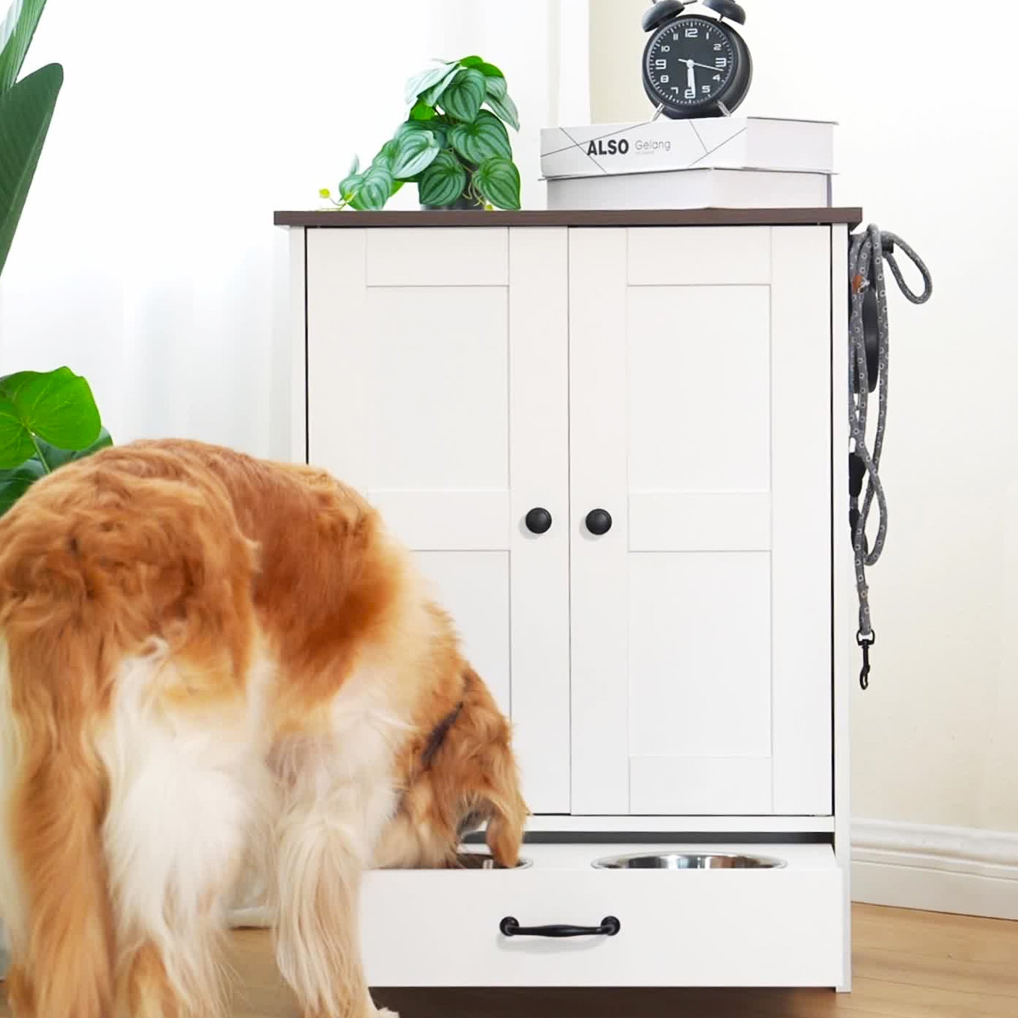 Pefilos 31" Dog Feeding Station, Dog Food Storage Cabinet with Hidden Dog Bowls, Adjustable Panel, Hooks, for Medium Sized Dogs, White Pefilos 31" Dog Feeding Station, Dog Food Storage Cabinet with Hidden Dog Bowls, Adjustable Panel, Hooks, for Medium Sized Dogs, White