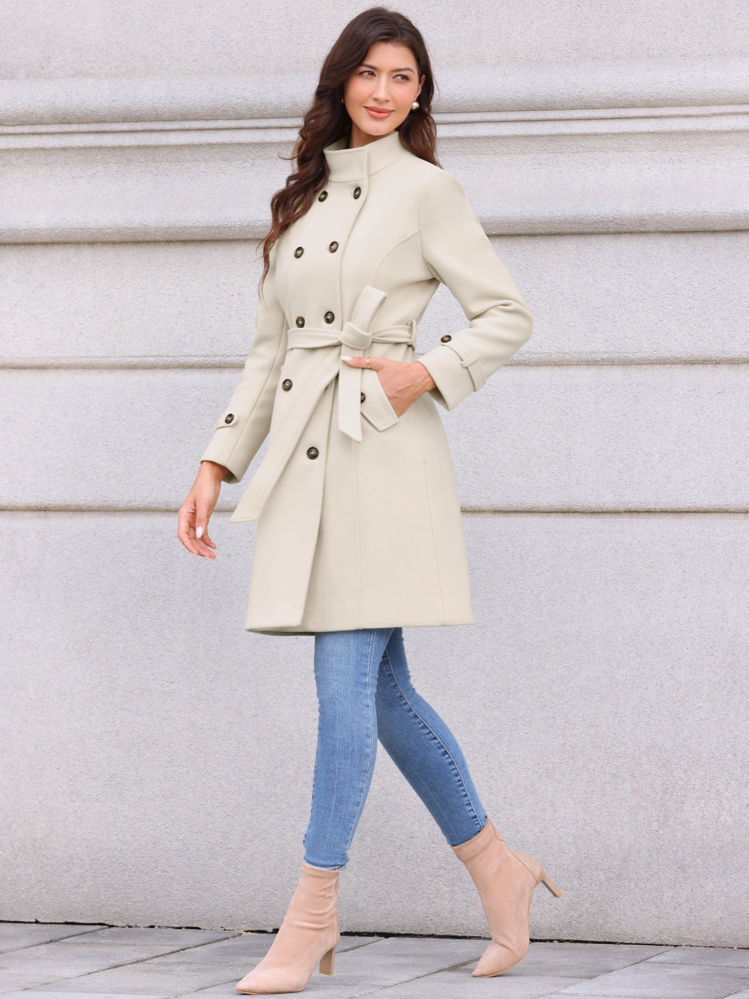 DARING DIVA Women's Double Breasted Trench Long Winter Pea Coat with Belt XS White