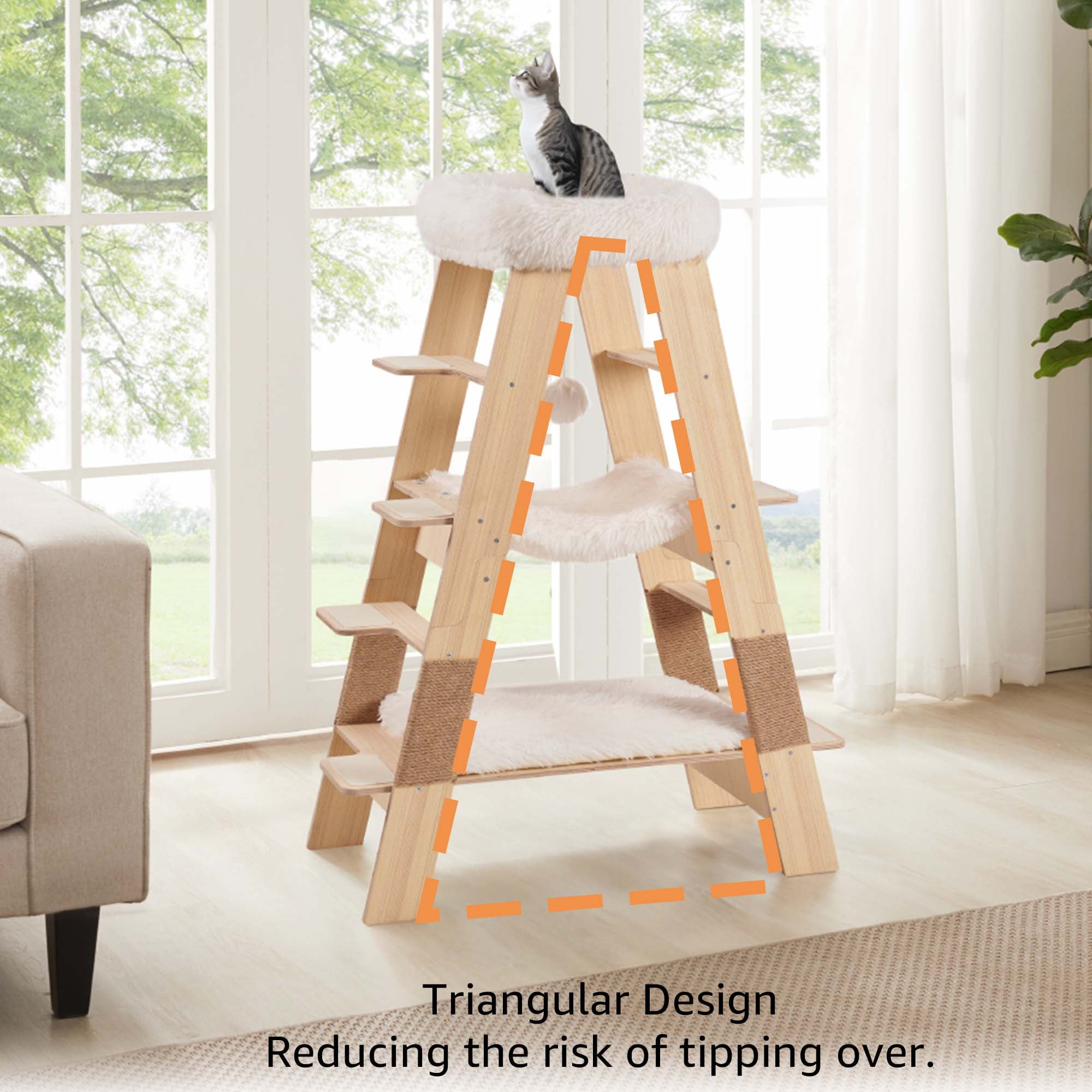Unipaws Pyramid Cat Tree, 5-Level Wooden Cat Ladder, Sturdy Tall Cat Climbing Tower with Cozy Hammock