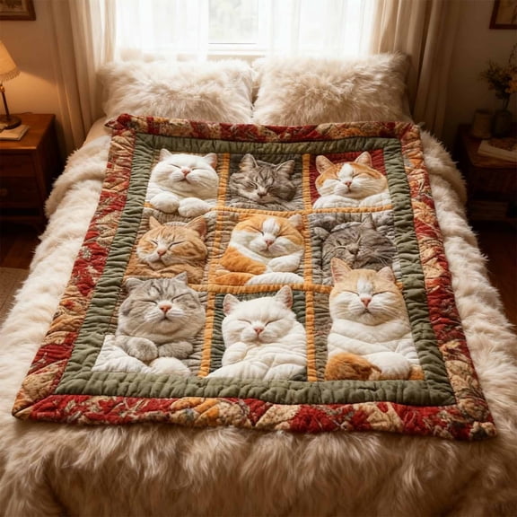 Cozy Boho Cat Quilt Blanket – Soft Plush 9 Sleeping Cats Pattern, Bohemian Decorative Throw for Couch Bed