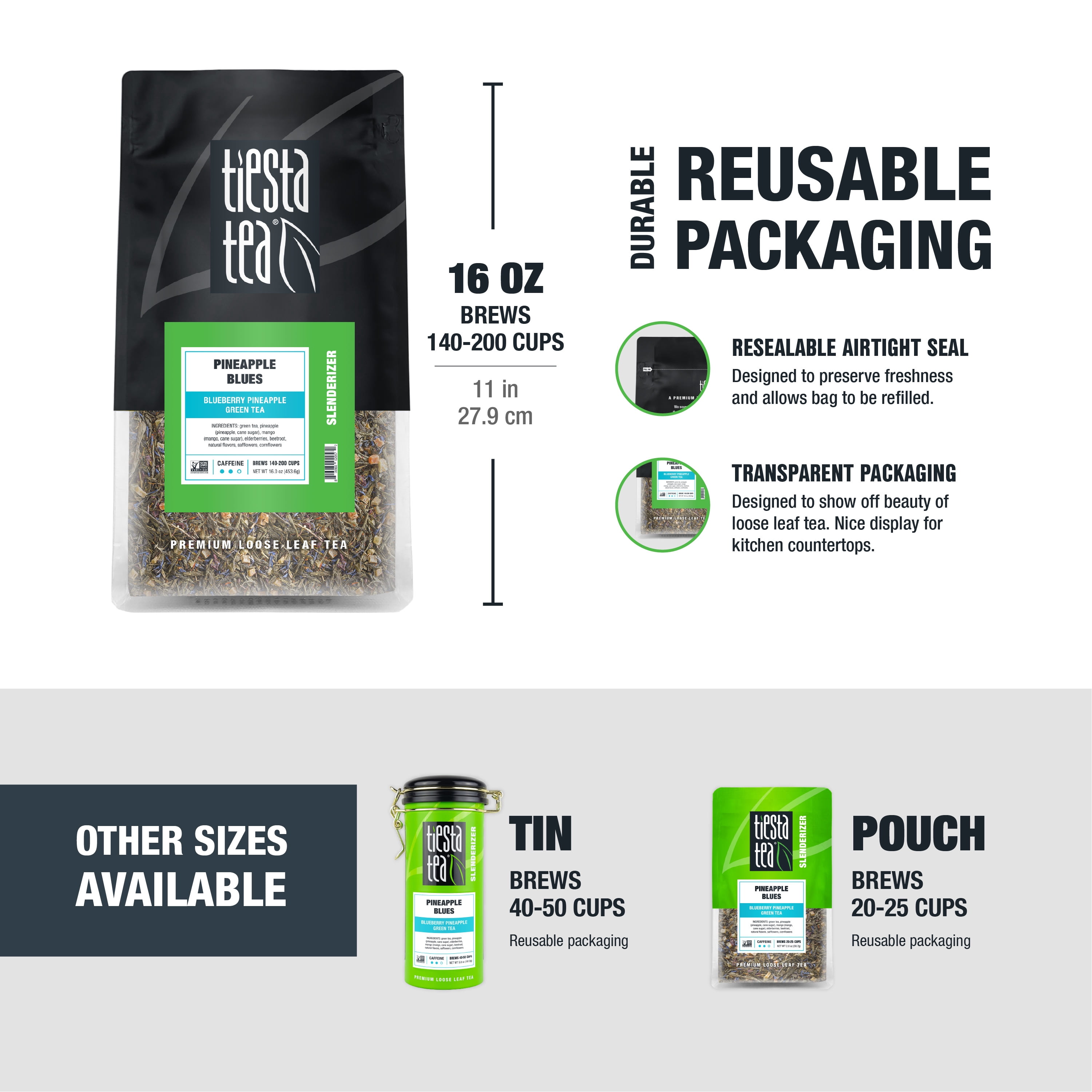 Tiesta Tea - Tasmanian Herbs & Matcha, Slenderizer Loose Leaf Matcha Tea, High Caffeine, GMO-Free, Make Hot or Iced Tea & Brews Up to 200 Cups - 16oz Resealable Bulk Pouch
