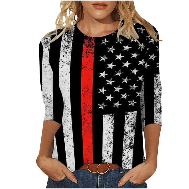 Camiseta estampada a la moda para mujer, blusa de manga 3/4 de longitud media, cuello redondo, camisetas informales Pompotops FGAJ2481