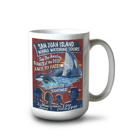 

15 fl oz Ceramic Mug San Juan Island Washington Orca Whale Watching Vintage Sign Dishwasher & Microwave Safe