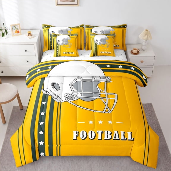 Erosebridal American Football City Comforter Set Sports Theme Bedding 7Pcs Twin, Sports Fans Lovers Gifts Comforter Set with Sheets, Yellow Army Green Duveted Quilt 7 Pieces ( Green Bay)