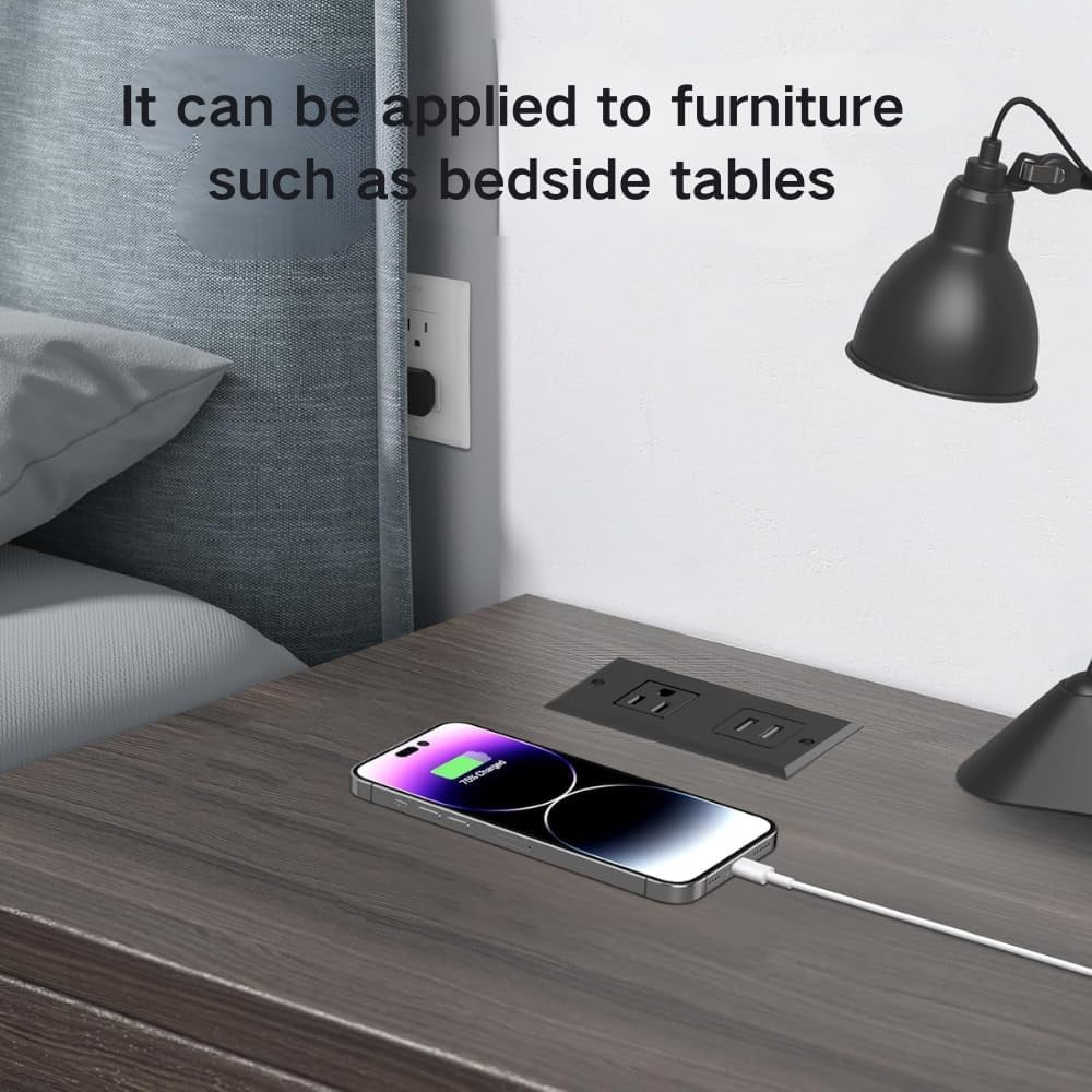 RGHJAR-Small Recessed Power Strip Plug Extension Cord Hidden Charging Station with Inset USB Electrical Outlet Extender Flush Mount Surge Protector for Desk Furniture NightStand Under Desk (Black)
