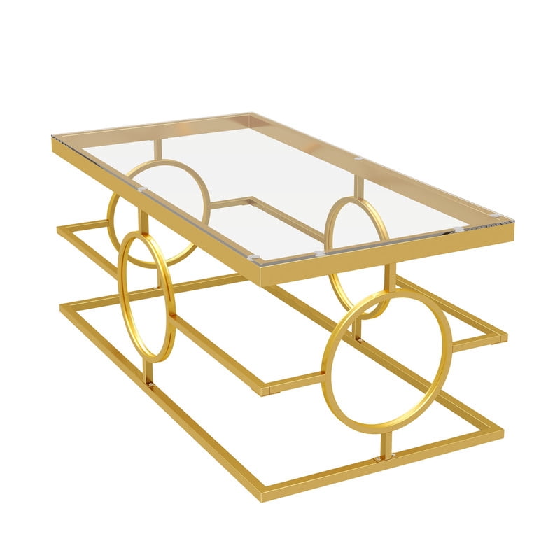 Glass Top Coffee End Table with Gold Metal Frame, Rectangular Storage Center Cocktail Table with Geometric Circle Base