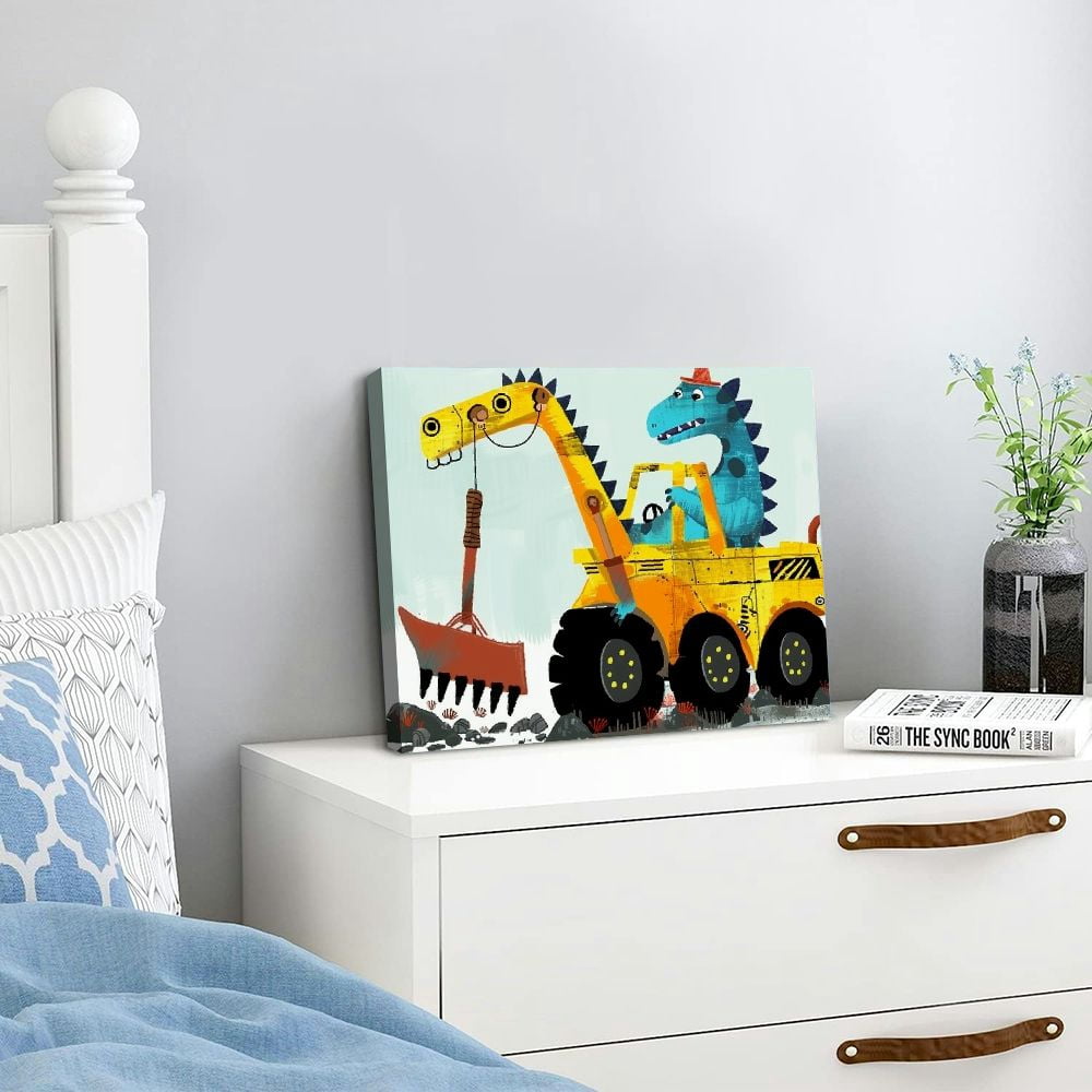 Nawypu Funny Colorful Cute Dinosaur Truck Inspirational Quotes Art Print Humorous Quotes Painting, Dinosaur Wall Art Canvas Poster for Boy Room Nursery Classroom Playroom Decor, No