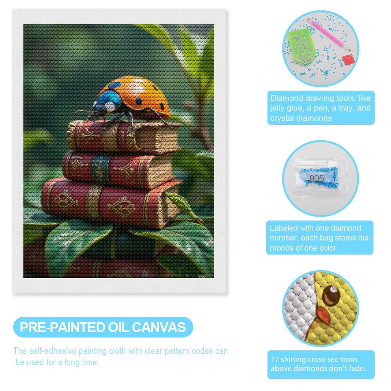 Diamond Art Kits for Adults, Ladybug Vintage Books Nature Scene 5D Diamond Painting Kits for Adults Beginners, DIY Full Drill Diamond Painting, Gem Art and Crafts 12x16