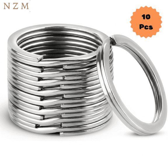 NZM Surgical and Marine Grade Stainless Steel Flat Key Ring Keychain, Silver, 10 Count