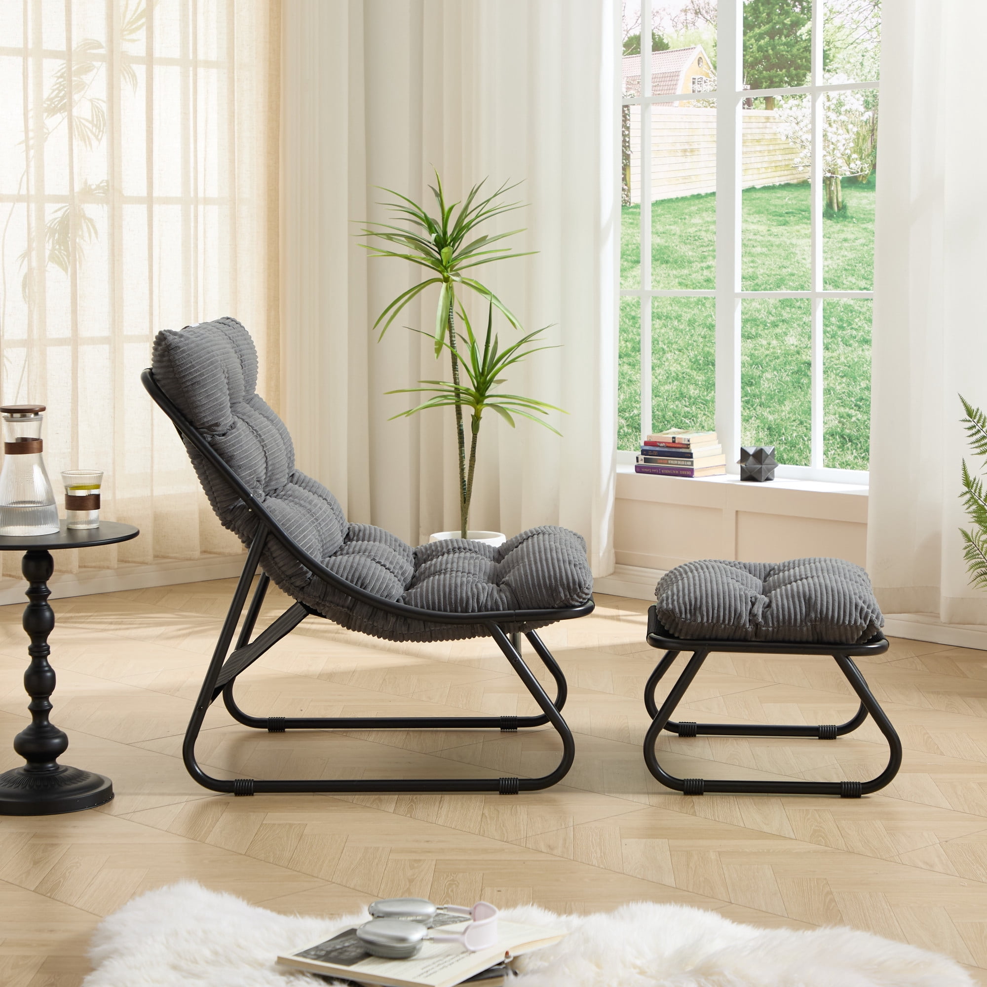 Leumius Patio Outdoor Lounge Chair with Ottoman, Comfy Sling Recliner Chair with Puffy Cushion and Foot Stool for Living Room Bedroom Reading Room Grey
