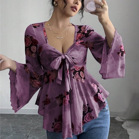 Jacenvly Women Tops Clearance Ladies' Summer French Sweet Flower Tied Collar Long Sleeved Shirt Womens Tops Clearance