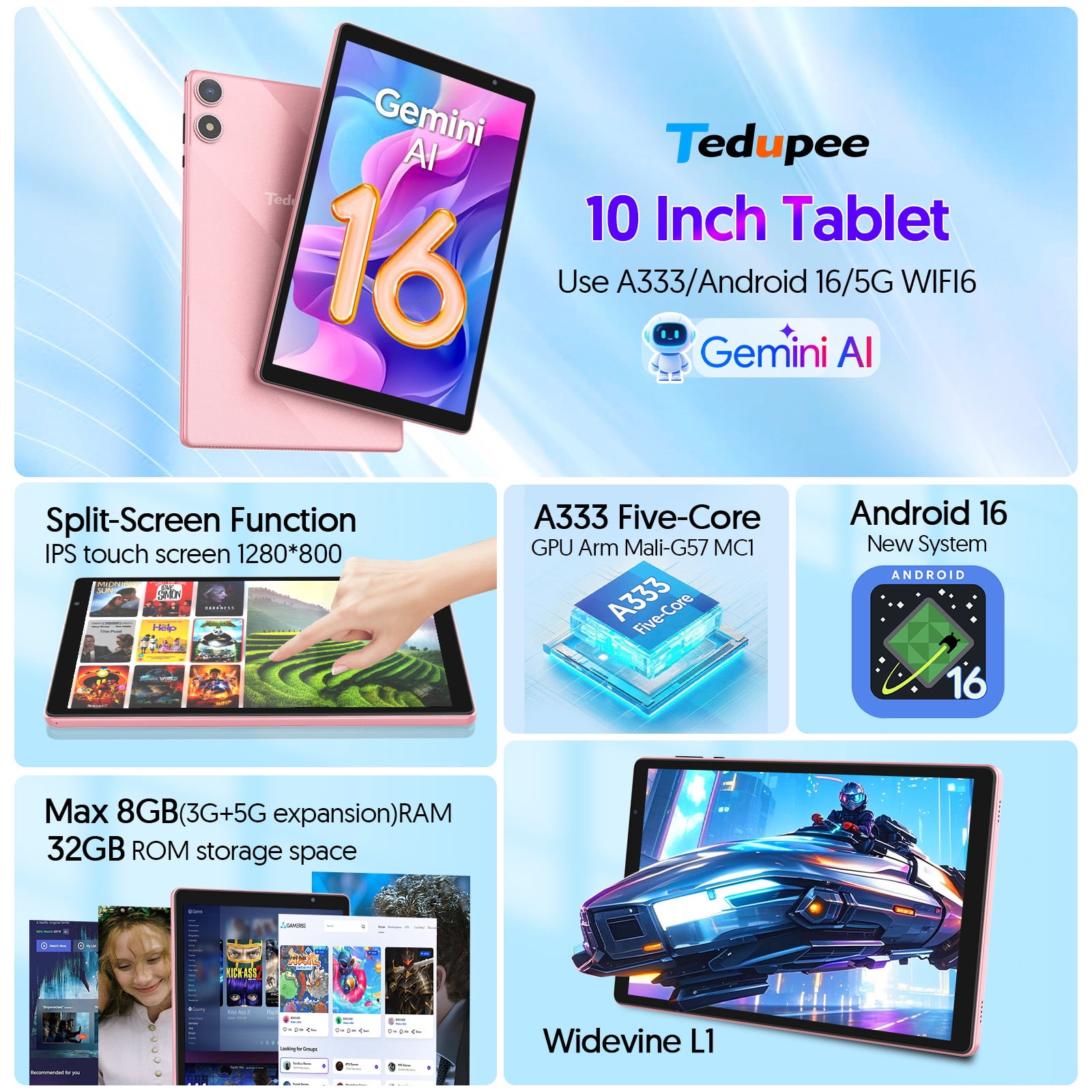 Android 16 Tablet, 10.1 inch, Five-core CPU, RAM 3GB, ROM 32GB (Up to 1TB), 800x1280 IPS, 5G WiFi 6, 2MP+2MP, 6000mAh--Pink