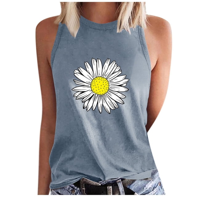 Women's Tank Tops Daisy Flower Print Casual Sleeveless Tees Crew Neck Basic Summer Workout Tanks (S, Gray)