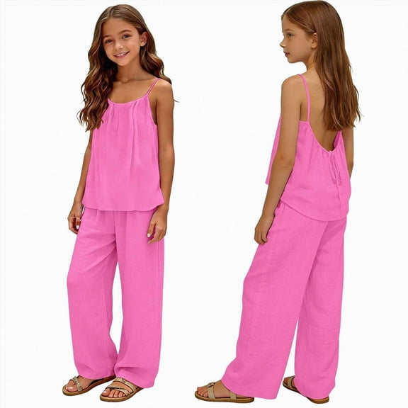 mgoYE 2 Piece Sets for Girls Summer Travel Outfits Spaghetti Strap Tank Top Wide Leg Bottoms Set Tween Beach Vacation Clothes Size 3-14 T Size 5-6 Years