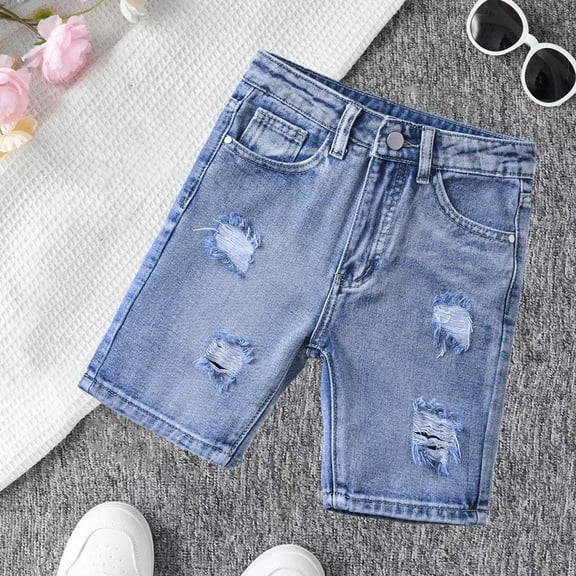 Boys Denim Shorts Size 6-7 Years Sky Blue Relaxed Fit Casual Classic Jean Shorts Breathable Solid Color Summer Daily Wear