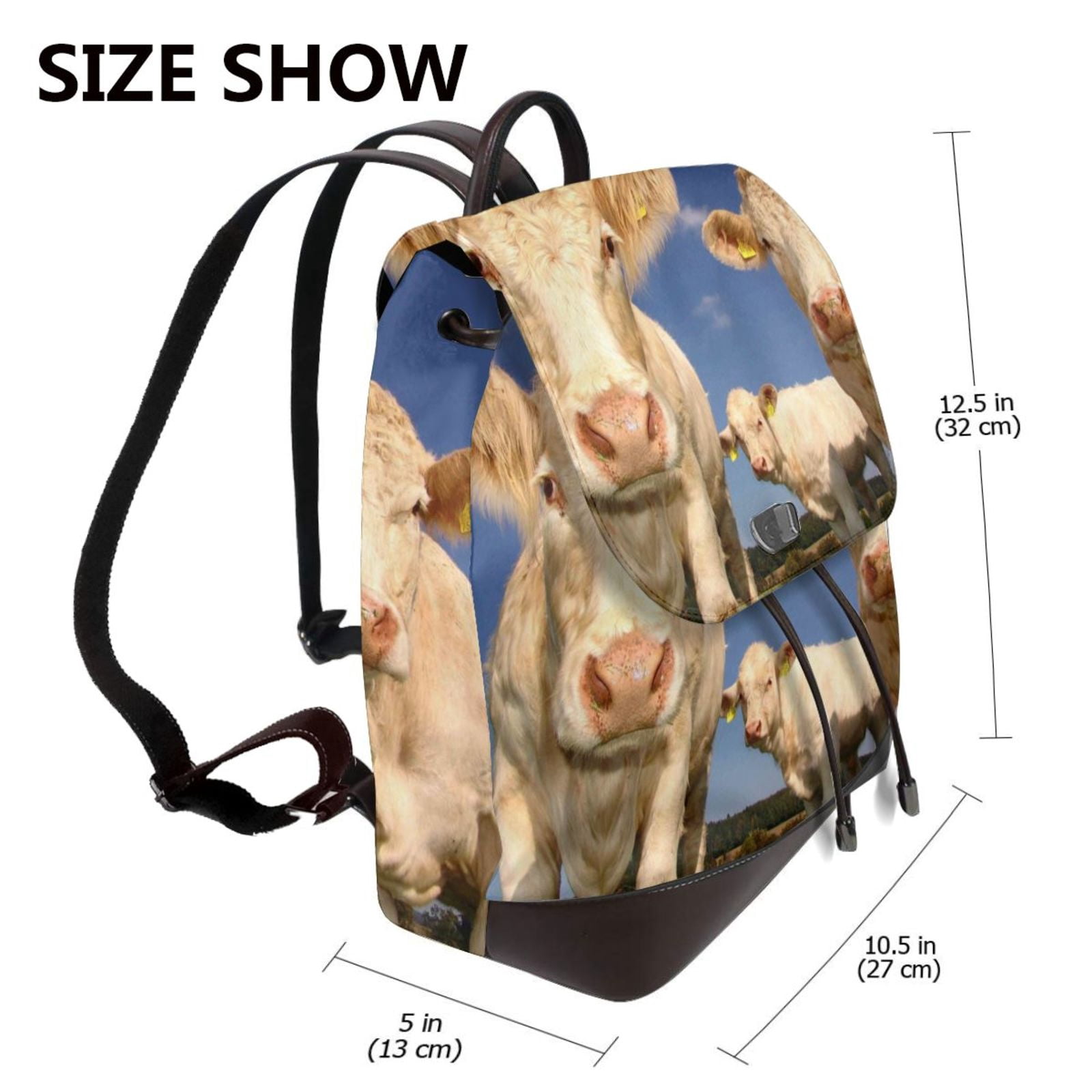 Xecao Cows Cattles Print Large Backpack Soft Leather for Women Travel with Compartment, Adjustable Convertible Strap