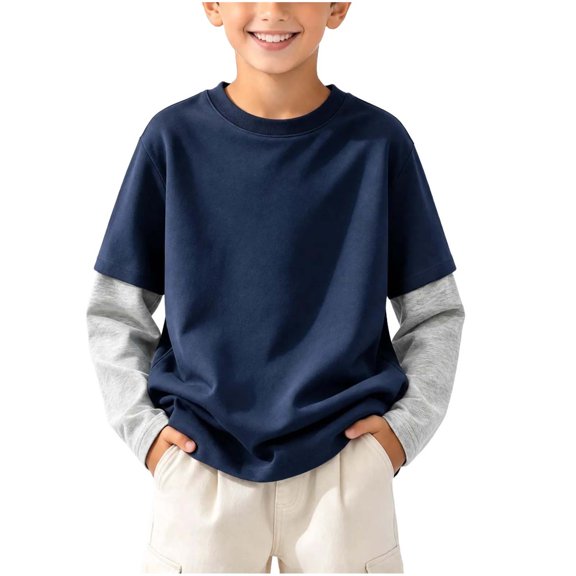 Xdegoge Boys Girls Crewneck Sweatshirts Long Sleeve Layered Look Color Block Pullover Tops Casual Fall Comfy Athletic Activewear 3-15 Years Navy 5-6 Years