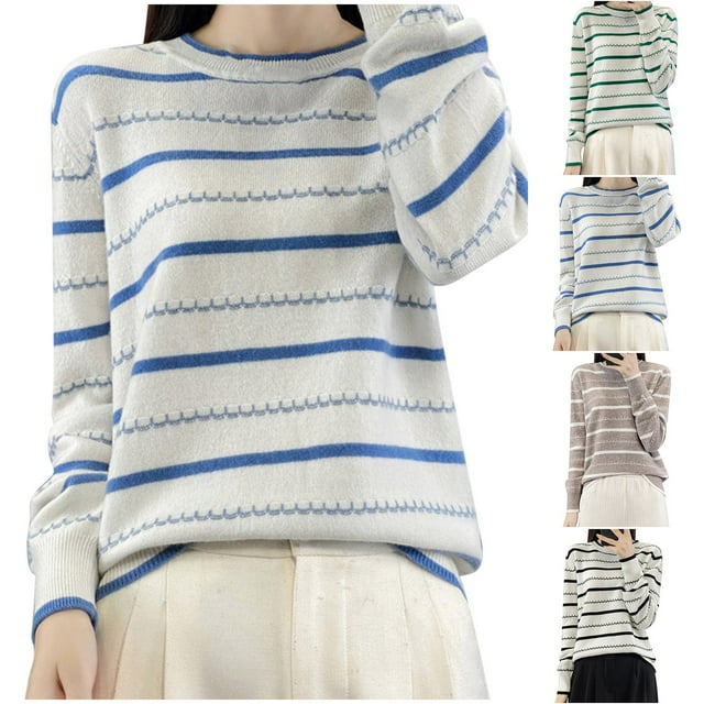 Sentmoon Chandails pour Femmes Col Rond Manches Longues Rayé Tenues de Voyage Tricotées Douces et Confortables Chandails Amples Tendance Automne et Hiver pour Fête de Vacances Tricot L