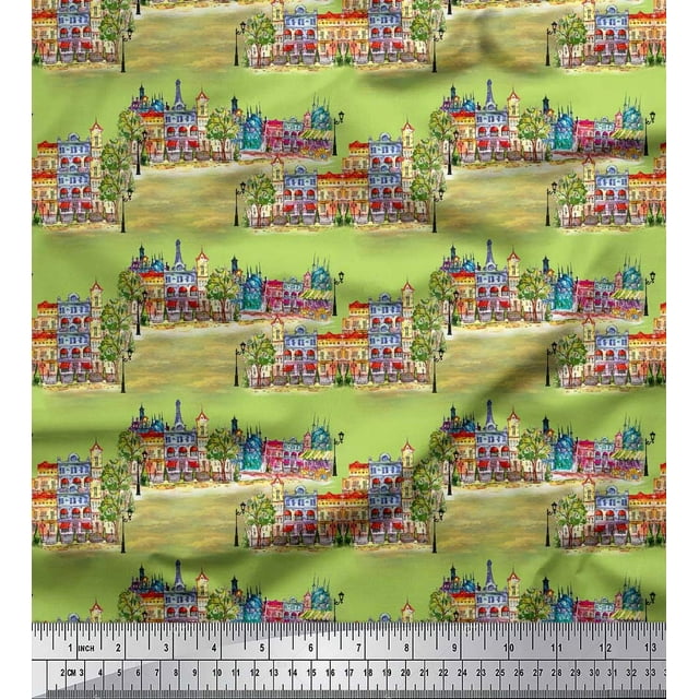 Soimoi Green Poly Georgette Fabric Landscape & City Digital Print Fabric by Yard 52 Inch Wide