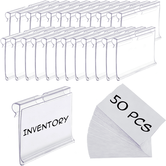 LQSEO 50Pcs Labels for Storage Bins Plastic Label Clip, Basket Labels Clip on Wire Shelf Price Label Holder Merchandise Sign Display Holder, 50Pcs Label Insert Included (1.96In*1.65In)
