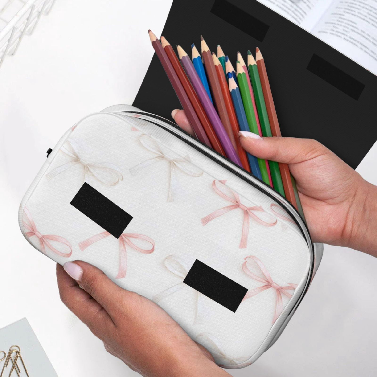 Large-Capacity Flip-Top Double-Layer Pencil Case, Multi-Functional Pocket Pen Case, Durable Stationery Organizer Elegant Thin Pastel Satin Ribbon Bow Pattern