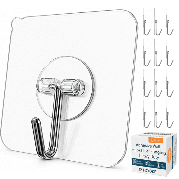 Adhesive Wall Hooks for Hanging Heavy Duty 22 lbs Hooks for Walls No Drill, Towel Sticky Clear Hook, Waterproof, Home, Bathroom, Kitchen, Office, and Outdoor 12 Pack
