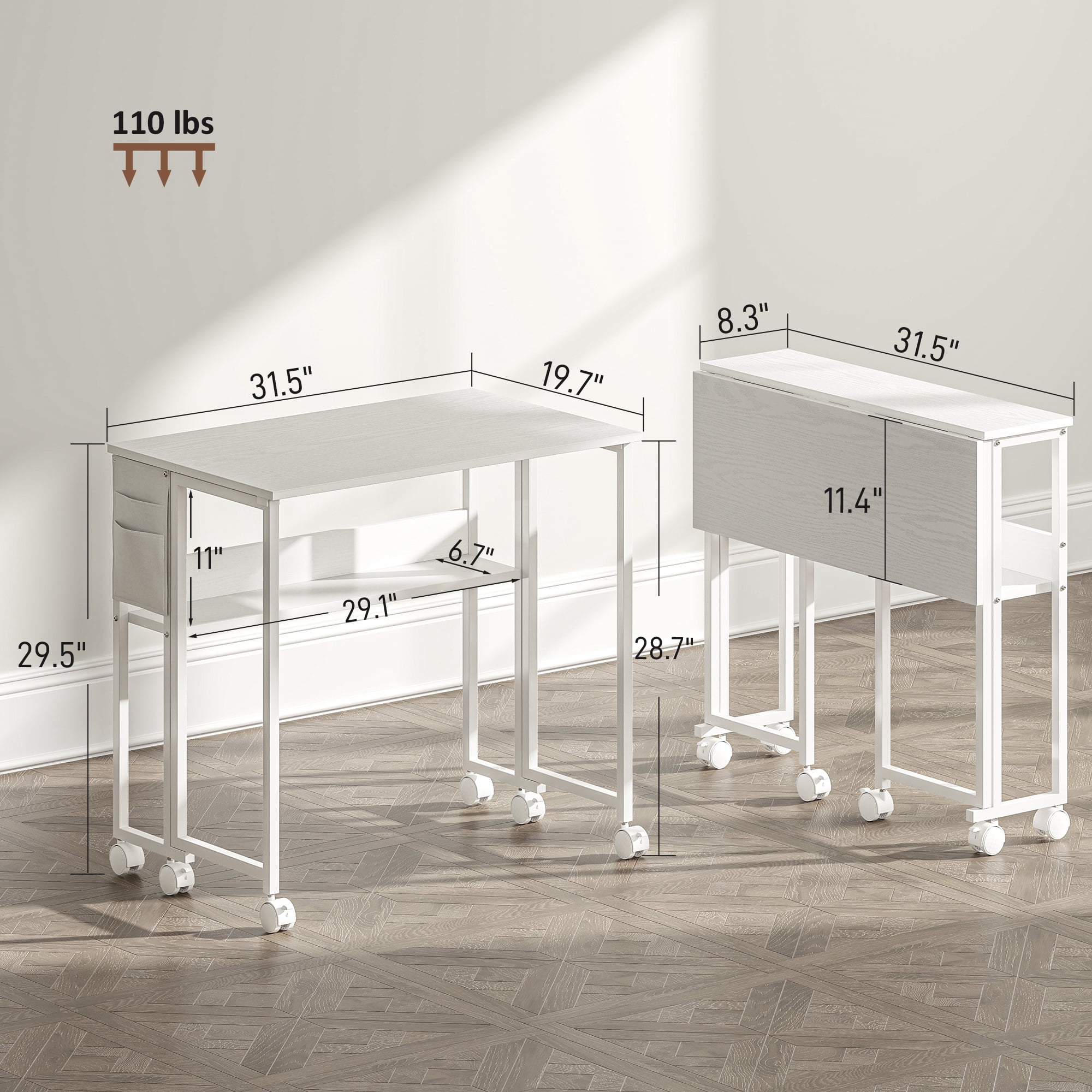 HOMCOM Small Folding Desk, 31.5" Foldable Computer Desk with Storage Bag, Shelf and Wheels for Small Spaces, Home Office, Easy Assembly, White