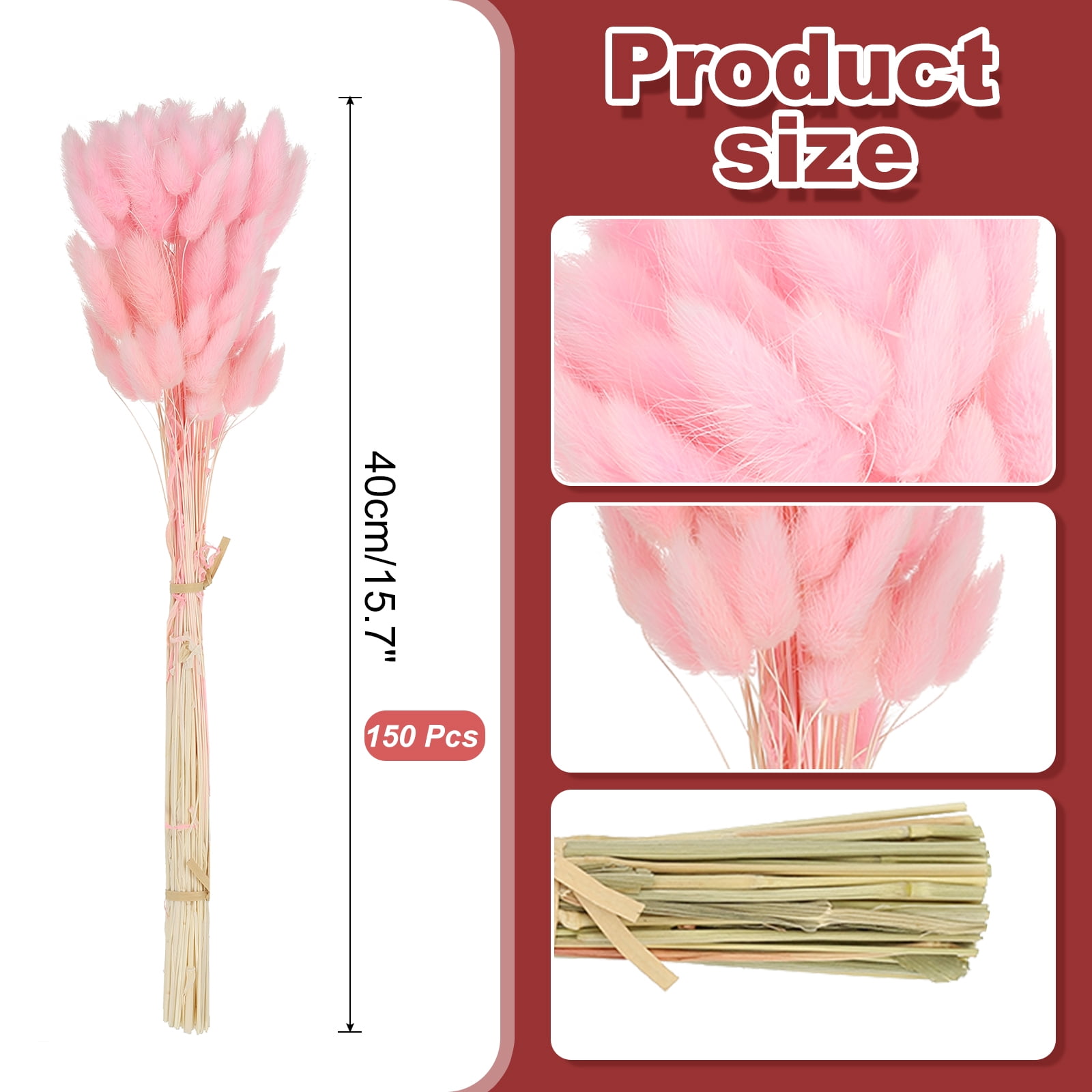 Uxcell 15.7in Bunny Tails Dried Flowers, 150pcs Pampas Grass Decor Rabbit Tail Natural Pampas Grass Bulk Fluffy Faux Pampas Grass Small Dried, Pink