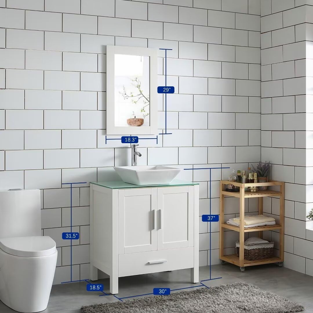 Goodyo 30" White Bathroom Vanity and Sink Combo MDF Wood Glass Top Heighten Cabinet w/Mirror Faucet and Drain