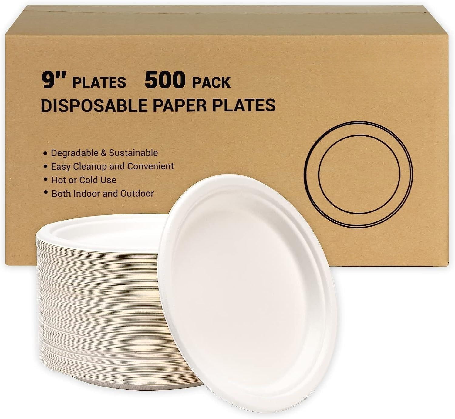 500 Pack Paper Plates- 9 inch Heavy-Duty 100% Compostable Disposable ...
