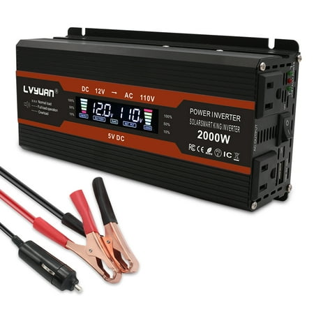 Yinleader 1000W/2000W(Peak) Car Power Inverter DC 12V to 110V AC Converter with LCD Display Dual AC Outlets and Dual USB Car Charger for Car Home Laptop Truck