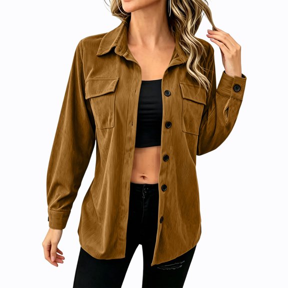 AherBiu Corduroy Tops for Women Button down Shirt Shacket Lapel Collared Long Sleeve Vintage Tops with Pockets(X-Large,Yellow)