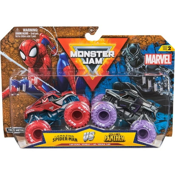 Monster Jam, Marvel Official Spiderman Vs. Black Panther Die-Cast Monster Trucks, 1:64 Scale, Toy Gift for Collectors & Kids Ages 3 