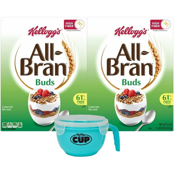 Kellogg's All-Bran Buds Cereal, 22 Ounce Box (Pack of 2) with By The Cup Cereal Bowl
