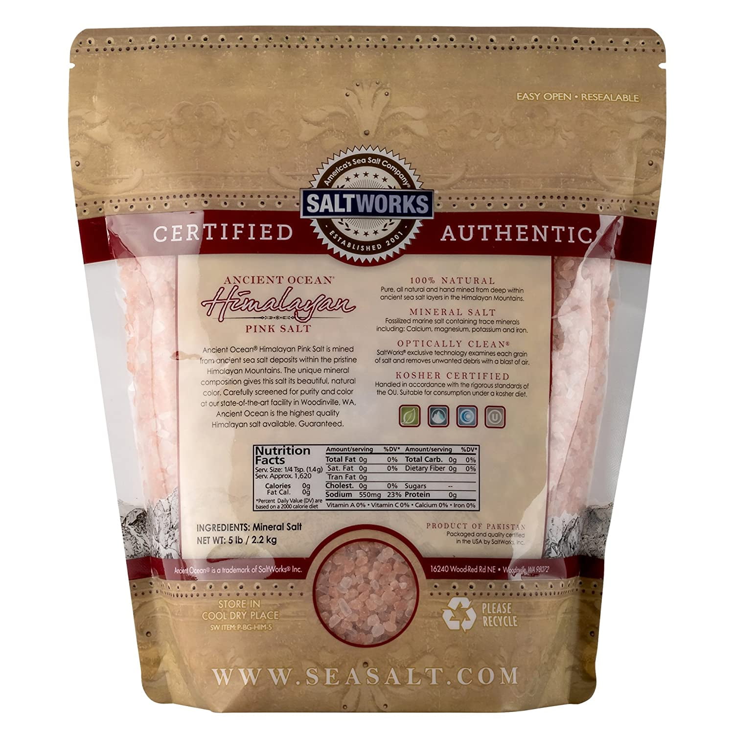 SaltWorks Ancient Ocean Himalayan Pink Salt, Coarse Grain, 5 Pound Bulk Bag