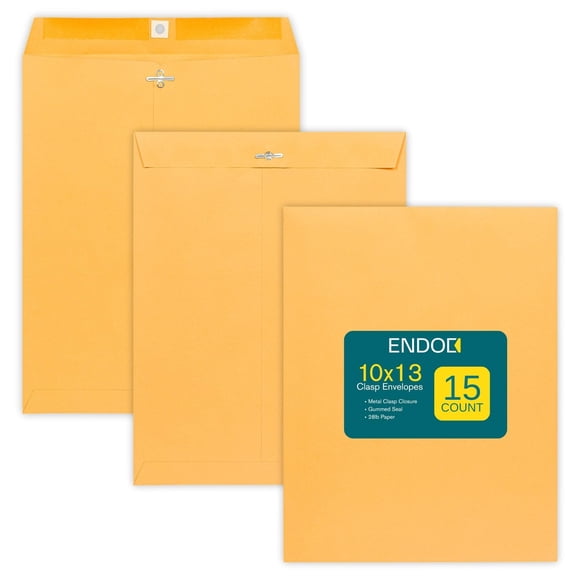 10x13 clasp envelopes 15 pack, heavy duty 28lb kraft paper, secure metal clasp and gummed seal, reble for business, legal, , office, home, brown kraft