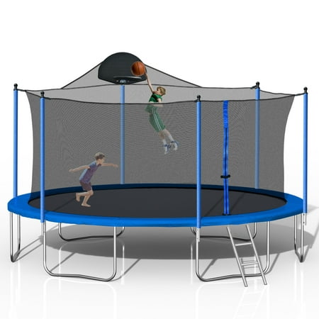 Highsound 14 FT Trampoline for Adults/Kids with Safety Enclosure Net, Basketball Hoop and Ladder, Heavy Duty Outdoor Recreational Trampolines for Family, Easy Assembly