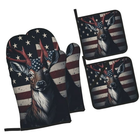 

Pofeuu Vintage American Deer Print Oven Mitts and Pot Holders 4 pcs Set High Heat Resistant 500 Degree Extra Thicken Long Kitchen Cotton Oven Glove for Cooking
