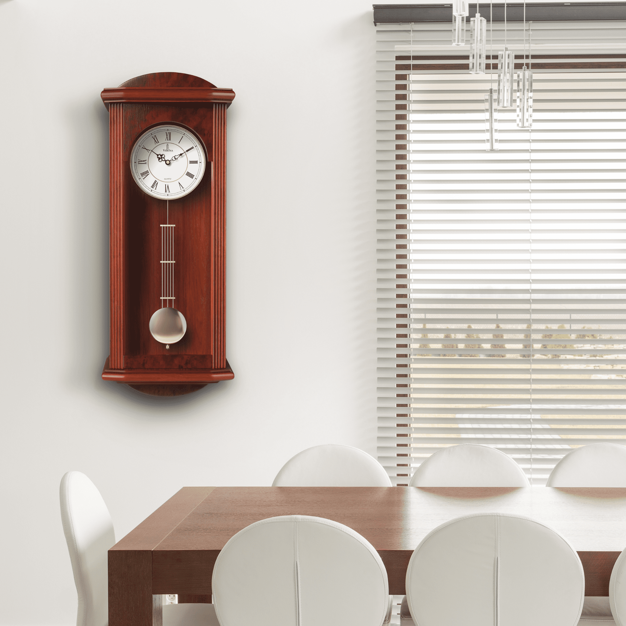 Pendulum Wall Clock, Silent Decorative Wood Clock with Swinging Pendulum, Battery Operated, Large Red Wooden Design, for Living Room, Kitchen, Office & Home Décor, 26.75 x 11.5 inches