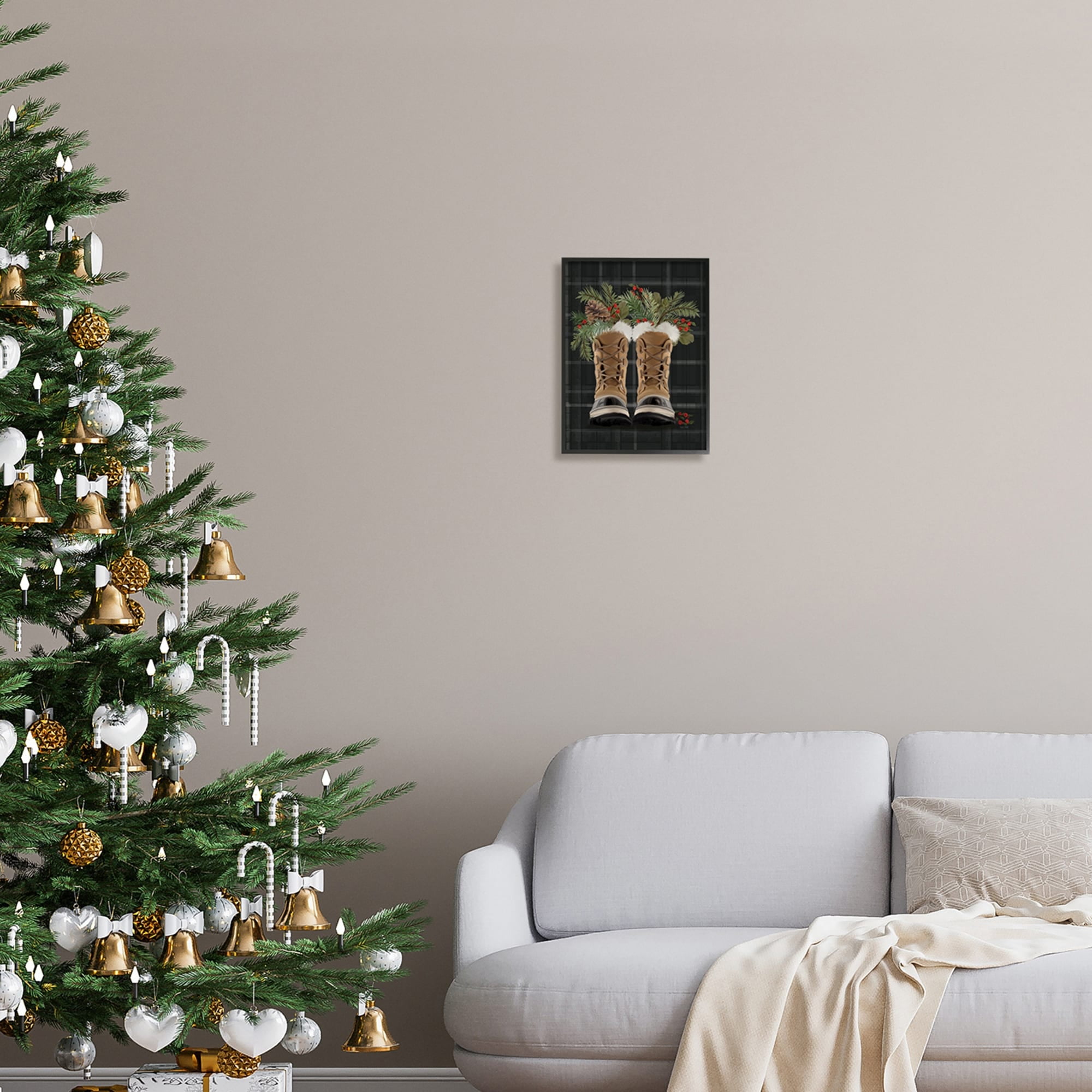 Cozy Winter Boots Holly Fir Sprig Arrangement Botanical & Floral Painting Framed Art Print Wall Art