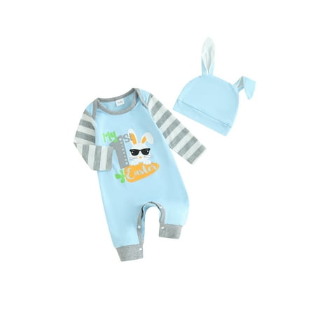 

Infant Baby Girls Boys Animal Letter Bunny Carrot Print Stripe Long Sleeves Easter Jumpsuits Ear Rabbit Romper Bodysuits with Hat