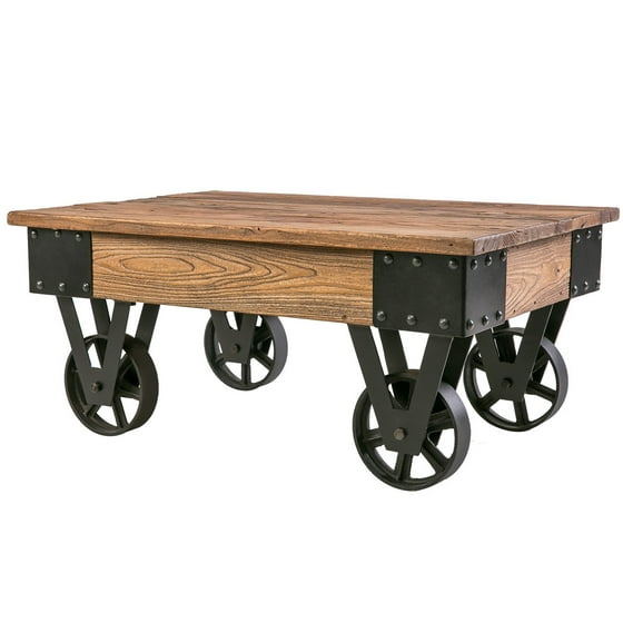 Harper&Bright Designs Solid Wood Coffee Table with Metal Wheels