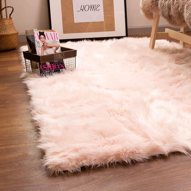 Super Area Rugs 6x9 Foot Plush Faux Fake Sheepskin Fur Shag Rug, Light Pink